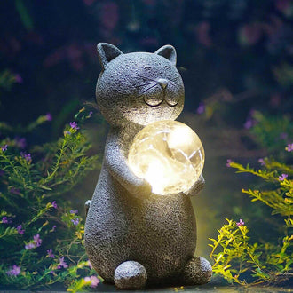 Solar Powered Cat Statue with Crack Glass Ball